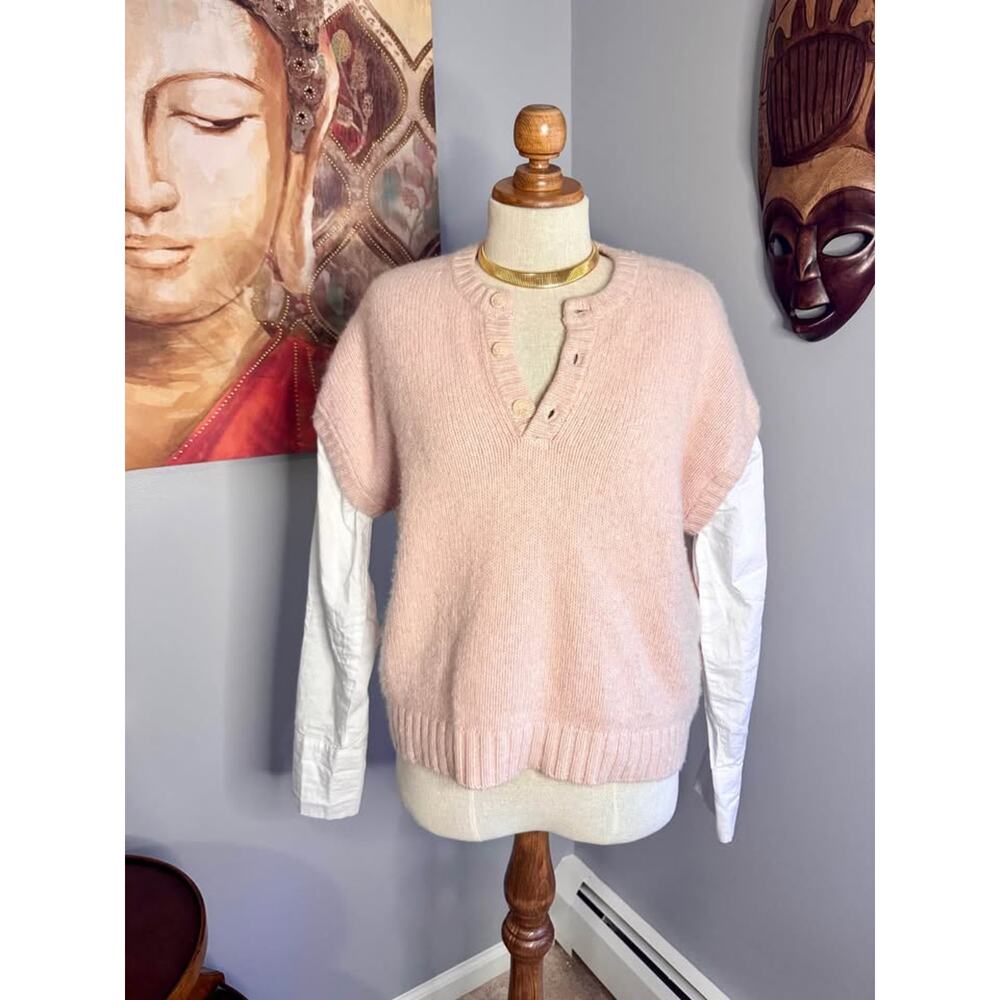 Naadam Cotton/Cashmere Blend Blush Mixed Media Henley Knit Sweater - Picture 6 of 10
